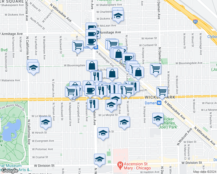 map of restaurants, bars, coffee shops, grocery stores, and more near 1635 North Claremont Avenue in Chicago