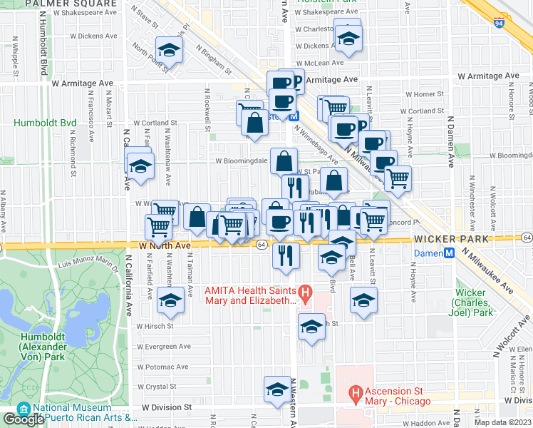 map of restaurants, bars, coffee shops, grocery stores, and more near 1639 North Artesian Avenue in Chicago