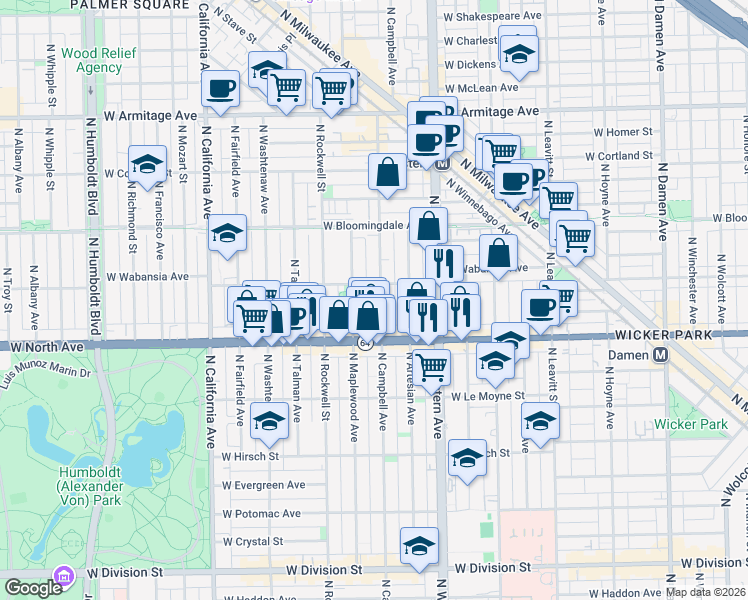 map of restaurants, bars, coffee shops, grocery stores, and more near 1638 North Campbell Avenue in Chicago