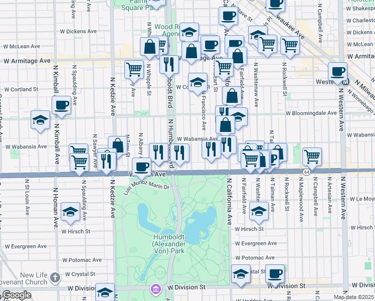 map of restaurants, bars, coffee shops, grocery stores, and more near 1642 North Richmond Street in Chicago