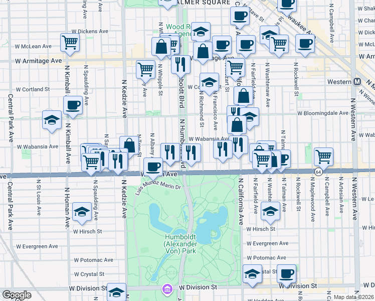 map of restaurants, bars, coffee shops, grocery stores, and more near in Chicago