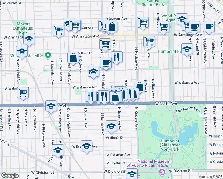 map of restaurants, bars, coffee shops, grocery stores, and more near 1647 North Kimball Avenue in Chicago
