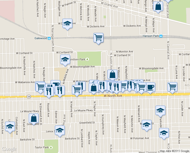 map of restaurants, bars, coffee shops, grocery stores, and more near 1715 North Moody Avenue in Chicago