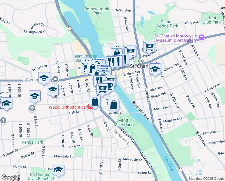 map of restaurants, bars, coffee shops, grocery stores, and more near 1 Illinois Street in St. Charles