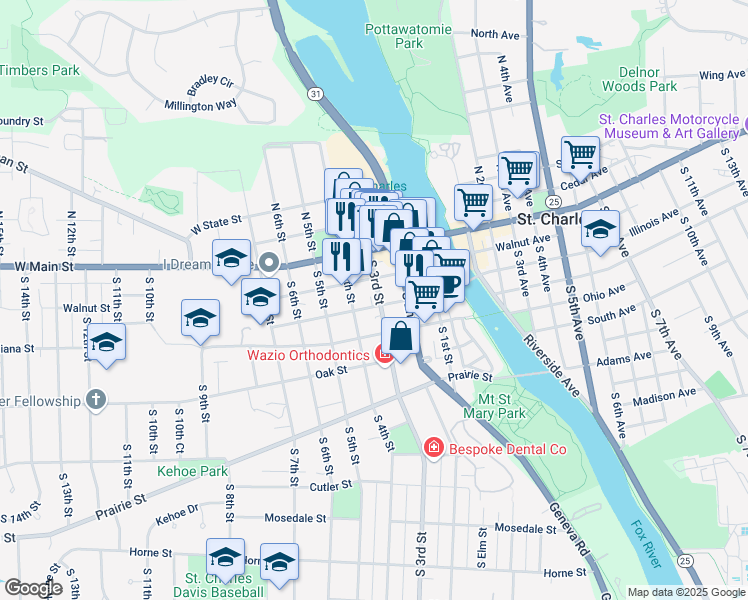 map of restaurants, bars, coffee shops, grocery stores, and more near 314 Illinois Street in St. Charles