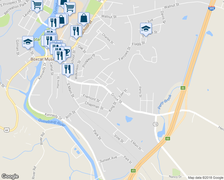 map of restaurants, bars, coffee shops, grocery stores, and more near 142 Grove Street in Putnam