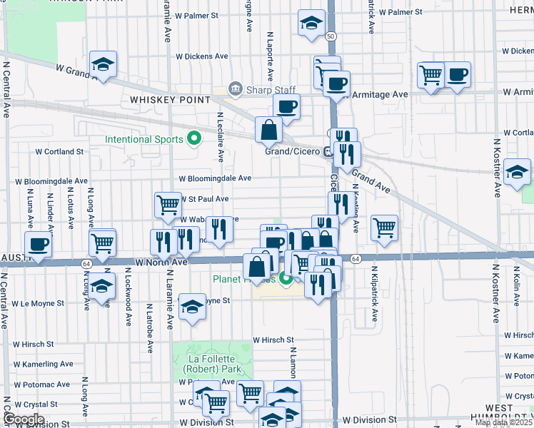 map of restaurants, bars, coffee shops, grocery stores, and more near 4920 West Wabansia Avenue in Chicago