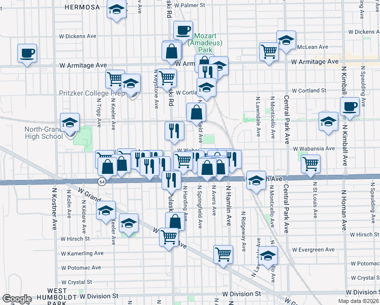 map of restaurants, bars, coffee shops, grocery stores, and more near 1657 North Harding Avenue in Chicago