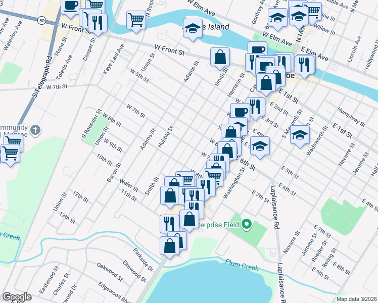 map of restaurants, bars, coffee shops, grocery stores, and more near 722 Harrison Street in Monroe