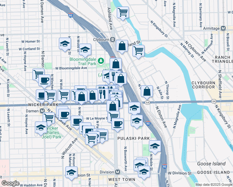 map of restaurants, bars, coffee shops, grocery stores, and more near 1629 North Ashland Avenue in Chicago