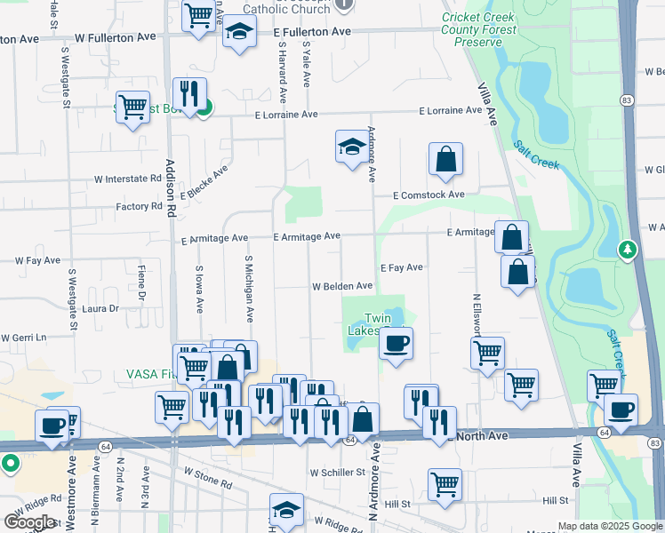 map of restaurants, bars, coffee shops, grocery stores, and more near 1120 North Princeton Avenue in Villa Park