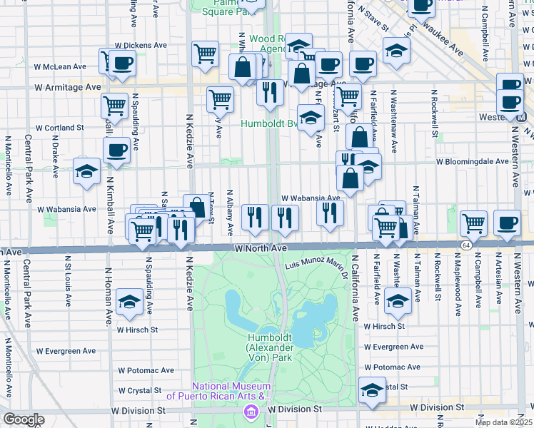 map of restaurants, bars, coffee shops, grocery stores, and more near 1650 North Humboldt Boulevard in Chicago