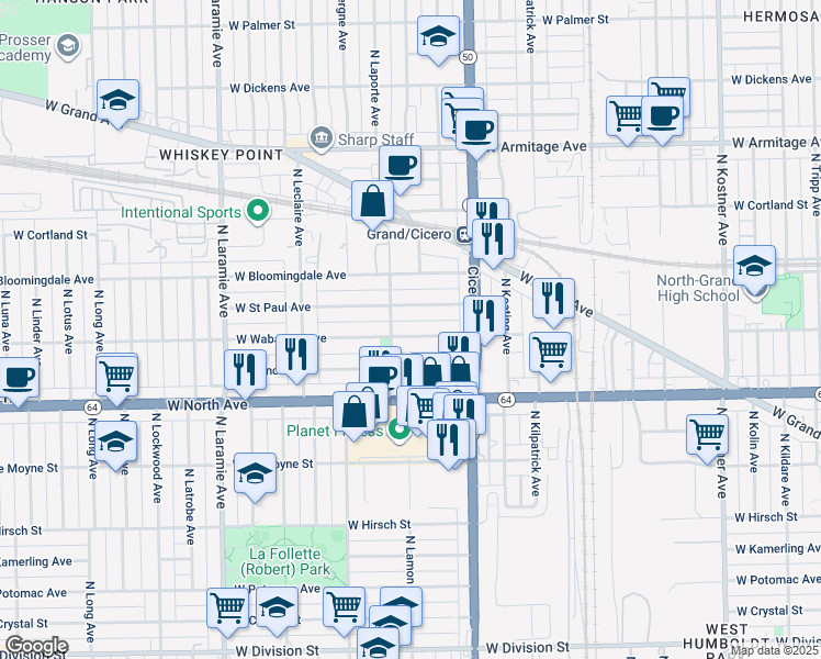 map of restaurants, bars, coffee shops, grocery stores, and more near 4864 West Wabansia Avenue in Chicago