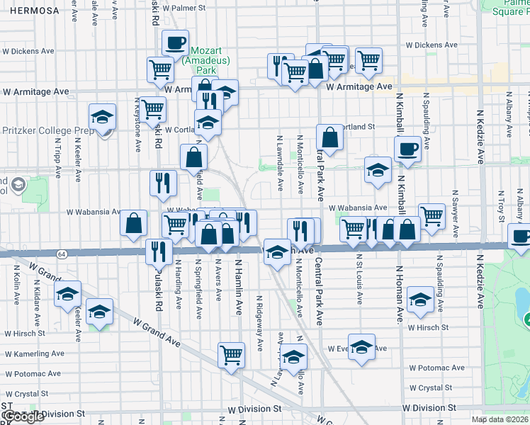 map of restaurants, bars, coffee shops, grocery stores, and more near 3721 West Wabansia Avenue in Chicago