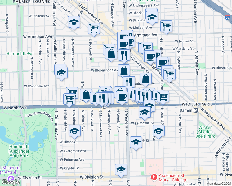 map of restaurants, bars, coffee shops, grocery stores, and more near 1644 North Artesian Avenue in Chicago