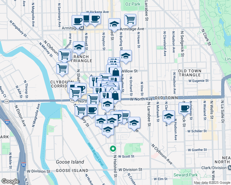 map of restaurants, bars, coffee shops, grocery stores, and more near in Chicago