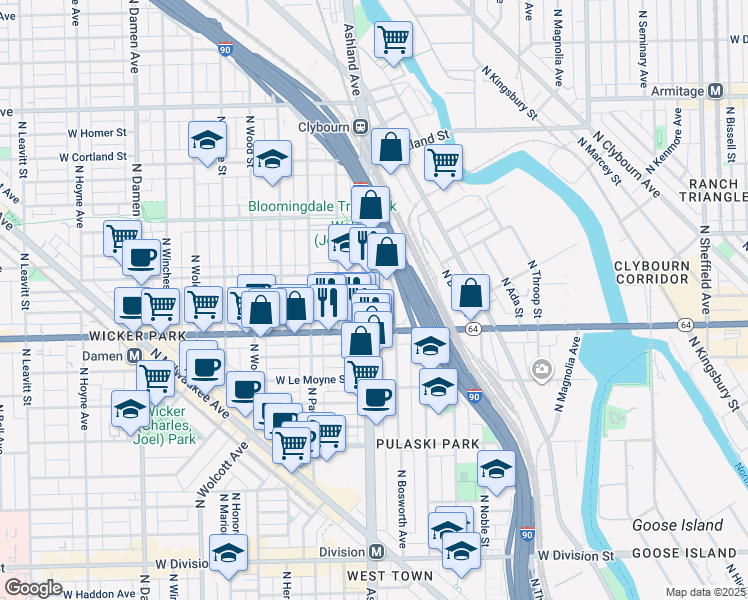 map of restaurants, bars, coffee shops, grocery stores, and more near 1629 North Ashland Avenue in Chicago