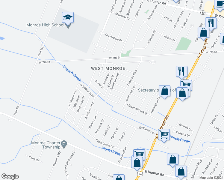 map of restaurants, bars, coffee shops, grocery stores, and more near 1851 Everest Drive in Monroe