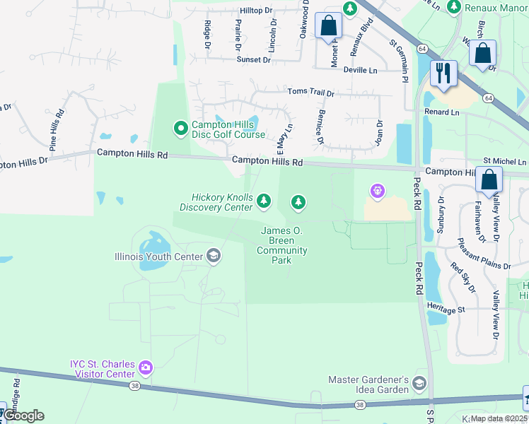 map of restaurants, bars, coffee shops, grocery stores, and more near 3795 Campton Hills Road in Saint Charles