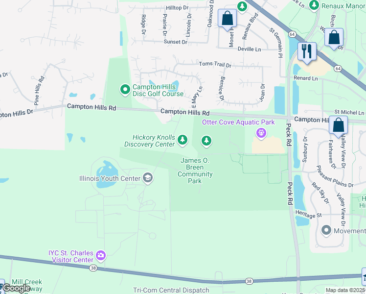 map of restaurants, bars, coffee shops, grocery stores, and more near 3795 Campton Hills Road in Saint Charles