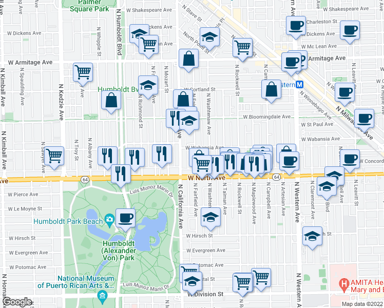 map of restaurants, bars, coffee shops, grocery stores, and more near 1646 North Fairfield Avenue in Chicago