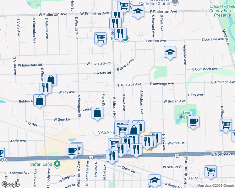 map of restaurants, bars, coffee shops, grocery stores, and more near 843 Addison Road in Addison