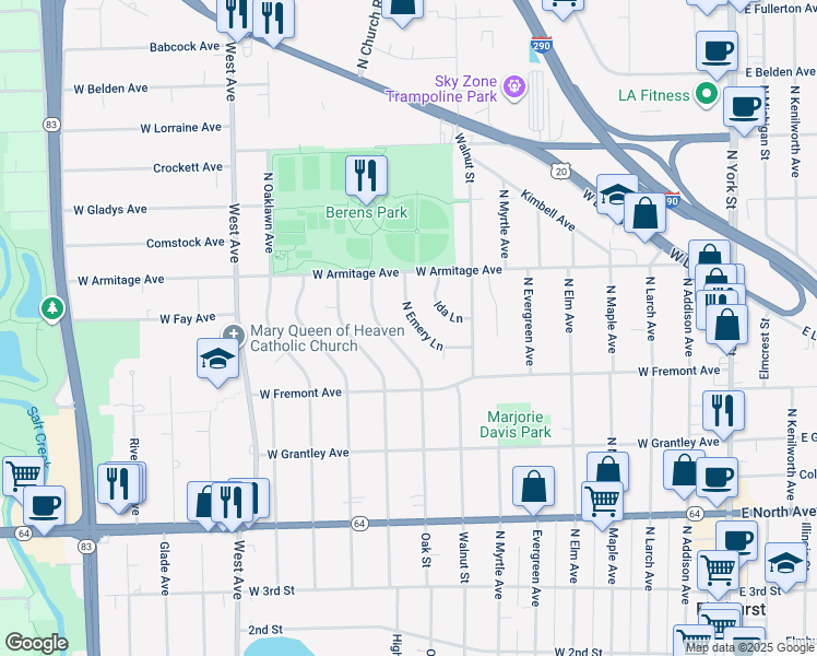 map of restaurants, bars, coffee shops, grocery stores, and more near 452 North Emery Lane in Elmhurst