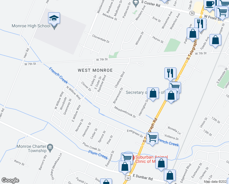 map of restaurants, bars, coffee shops, grocery stores, and more near 1205 Chateau Boulevard in Monroe
