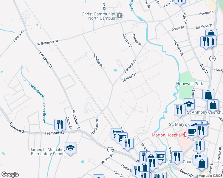 map of restaurants, bars, coffee shops, grocery stores, and more near 64 Danforth Street in Taunton