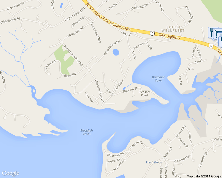 map of restaurants, bars, coffee shops, grocery stores, and more near 45 Highland Avenue in Wellfleet