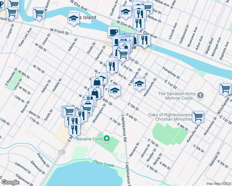 map of restaurants, bars, coffee shops, grocery stores, and more near 504 Washington Street in Monroe