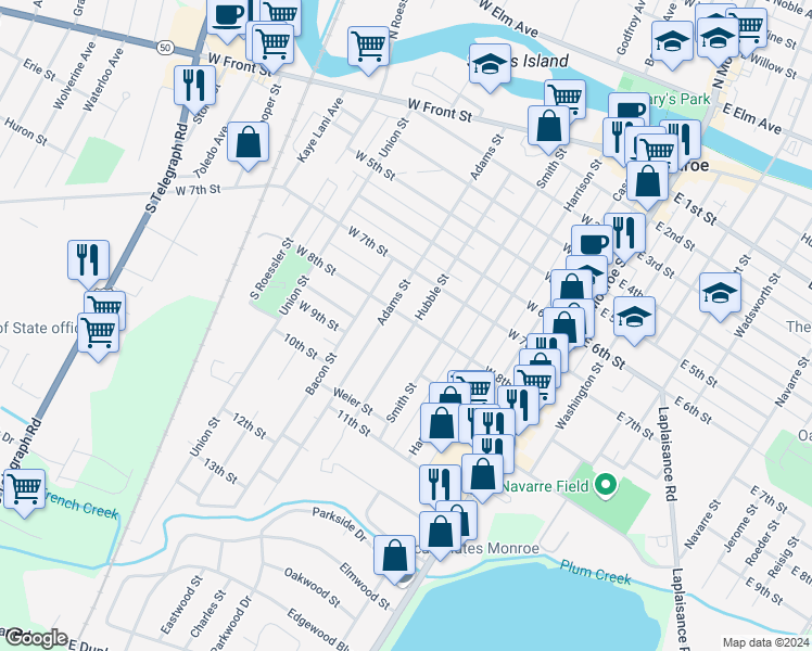 map of restaurants, bars, coffee shops, grocery stores, and more near 816 Hubble Street in Monroe