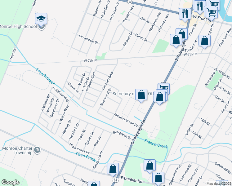 map of restaurants, bars, coffee shops, grocery stores, and more near 1678 Buckingham Drive in Monroe