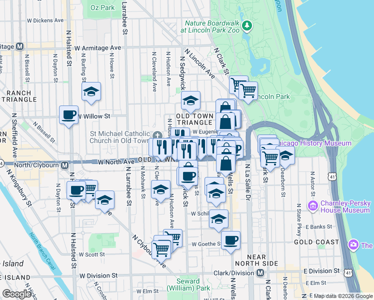 map of restaurants, bars, coffee shops, grocery stores, and more near in Chicago