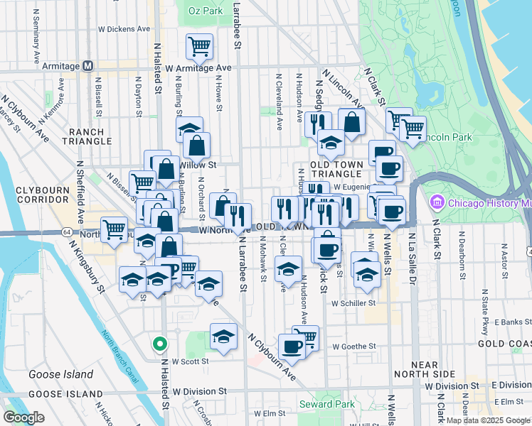 map of restaurants, bars, coffee shops, grocery stores, and more near 1615 North Mohawk Street in Chicago