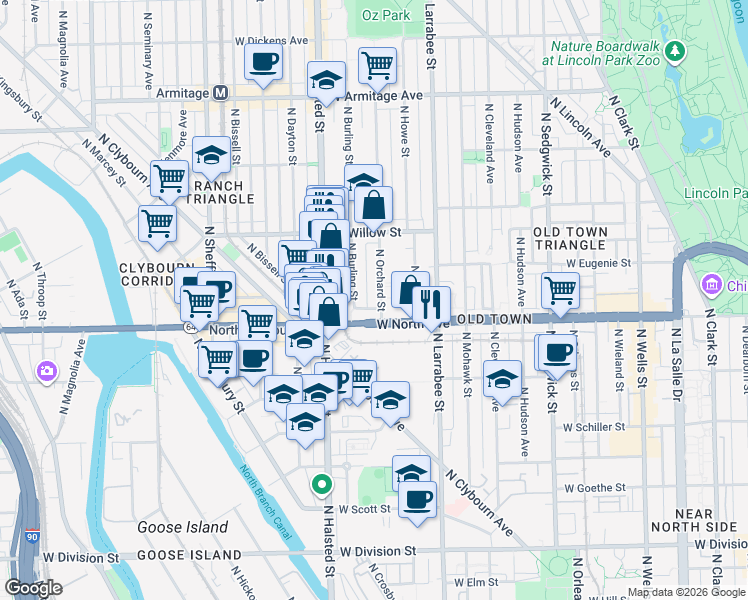 map of restaurants, bars, coffee shops, grocery stores, and more near 1615 North Burling Street in Chicago