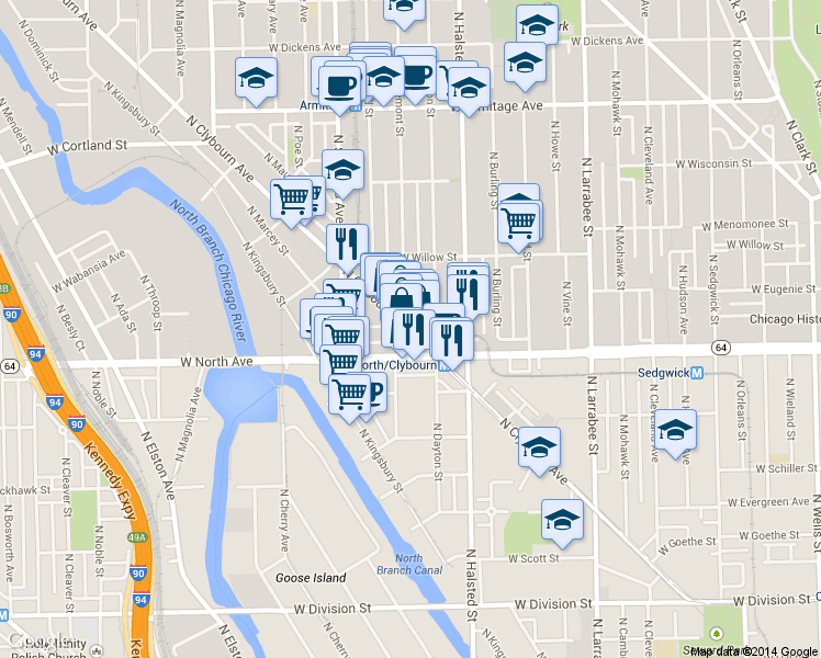 map of restaurants, bars, coffee shops, grocery stores, and more near 900 West North Avenue in Chicago