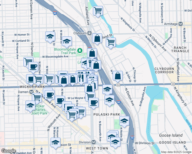 map of restaurants, bars, coffee shops, grocery stores, and more near 1629 North Ashland Avenue in Chicago