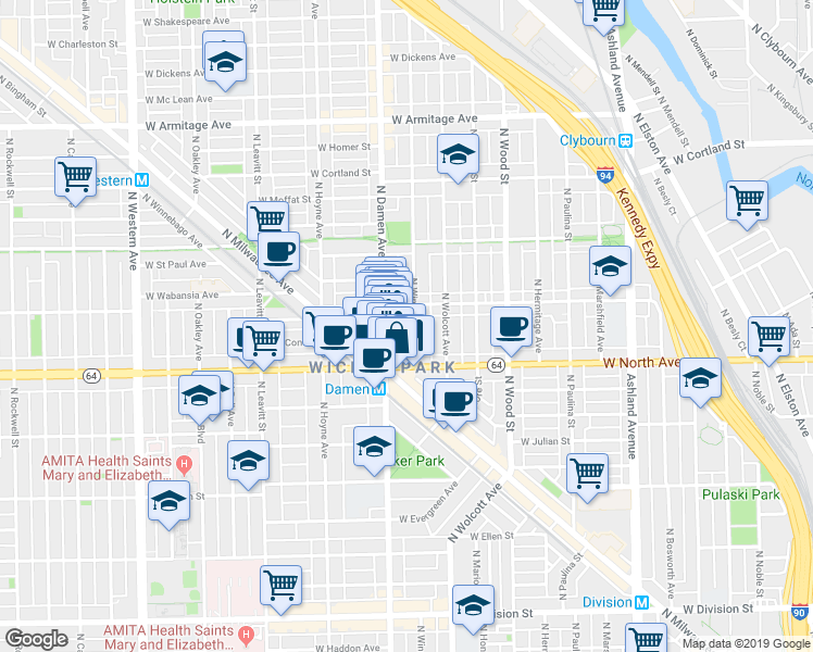 map of restaurants, bars, coffee shops, grocery stores, and more near 1632 North Winchester Avenue in Chicago