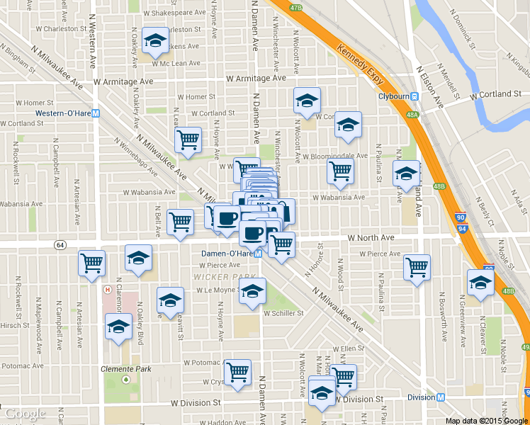 map of restaurants, bars, coffee shops, grocery stores, and more near 1632 North Winchester Avenue in Chicago