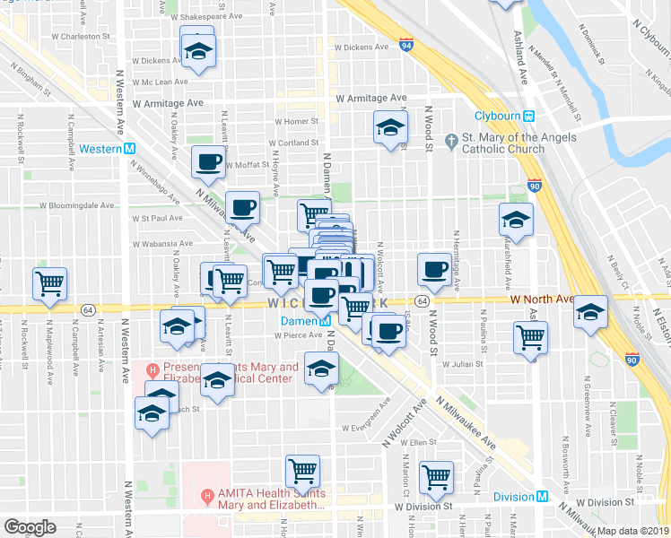 map of restaurants, bars, coffee shops, grocery stores, and more near 1632 North Winchester Avenue in Chicago