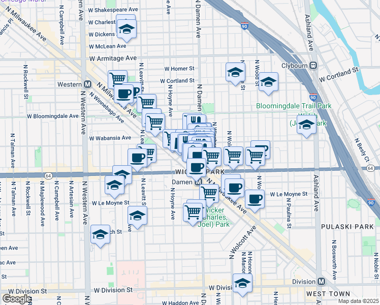 map of restaurants, bars, coffee shops, grocery stores, and more near 2007 West Concord Place in Chicago
