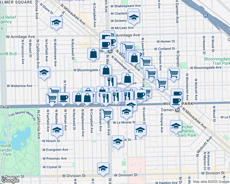 map of restaurants, bars, coffee shops, grocery stores, and more near 1635 North Western Avenue in Chicago