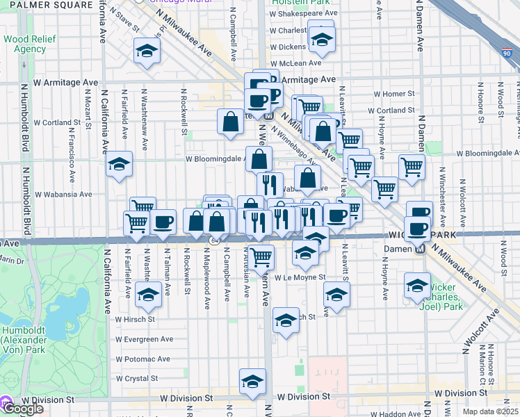 map of restaurants, bars, coffee shops, grocery stores, and more near 1635 North Western Avenue in Chicago