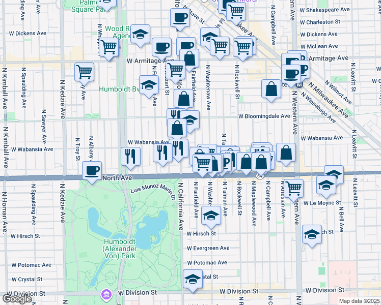map of restaurants, bars, coffee shops, grocery stores, and more near 1642 North Fairfield Avenue in Chicago
