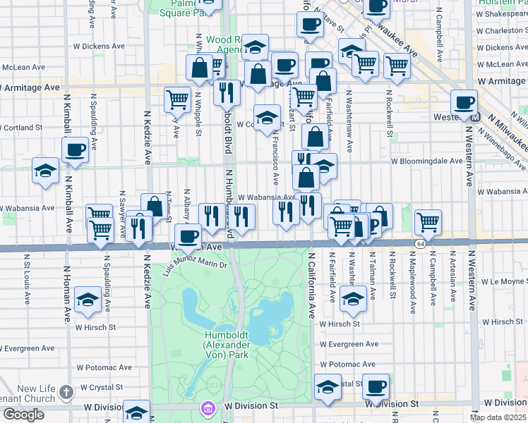 map of restaurants, bars, coffee shops, grocery stores, and more near 1642 North Richmond Street in Chicago