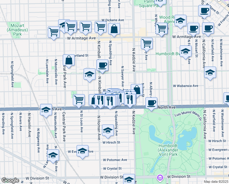 map of restaurants, bars, coffee shops, grocery stores, and more near 1643 North Spaulding Avenue in Chicago
