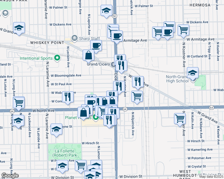 map of restaurants, bars, coffee shops, grocery stores, and more near 4822 West Wabansia Avenue in Chicago
