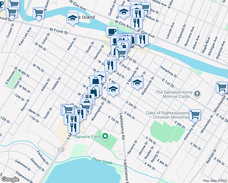 map of restaurants, bars, coffee shops, grocery stores, and more near 504 Washington Street in Monroe