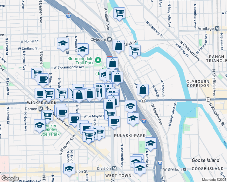 map of restaurants, bars, coffee shops, grocery stores, and more near 1629 North Ashland Avenue in Chicago